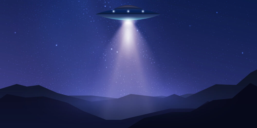 A UFO (or UAP) sending a laser beam towards a dark planet