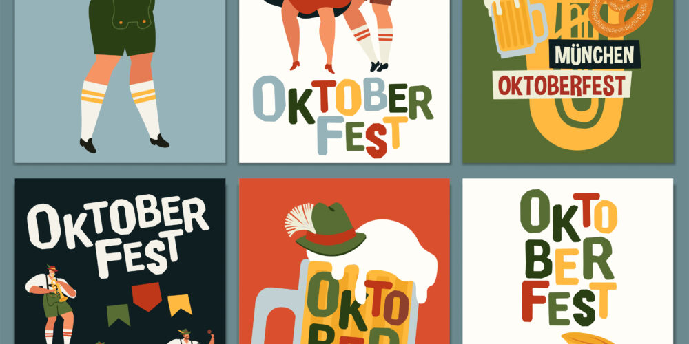 Graphic of six Oktoberfest scenes, including a man in lederhosen, a beer, a tub holding a beer and people dancing